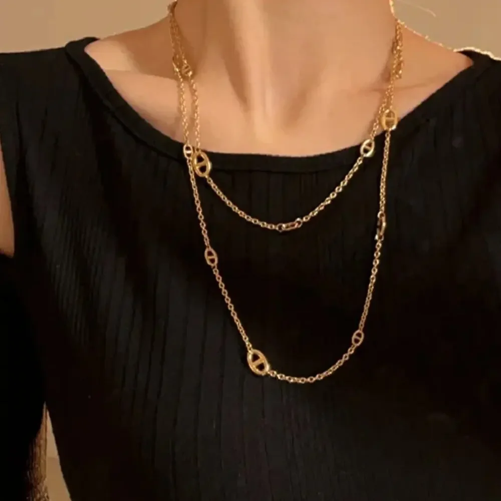 Gold PigNose Multilayer Necklace Bracelet Set Stainless Steel Plated Mariner